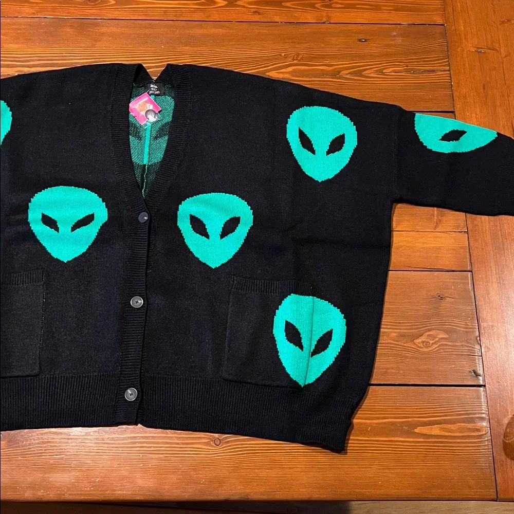 Dressed in LALA Black Cardigan with Neon Green Alien Heads - Picture 6 of 13